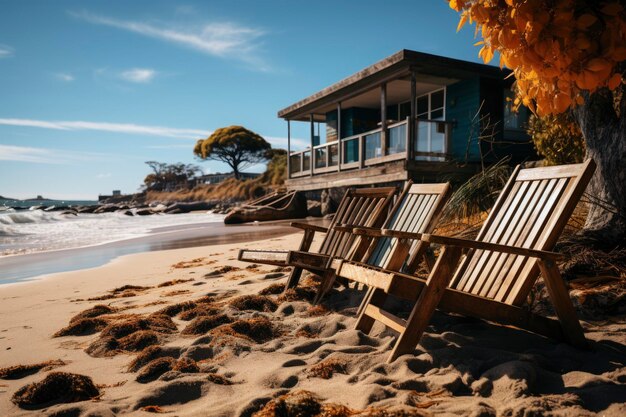 Foto ruhe am strand mit rustikalem charme generative ai