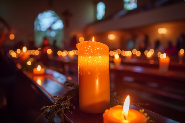 Ruhe bei Kerzenlicht in einer ruhigen Kirchenumgebung mit warmen glühenden Kerzen auf Holz