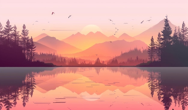 Ruhe in der Dämmerung, ruhiger See und Berge in der Schönheit des Sonnenuntergangs Generative KI