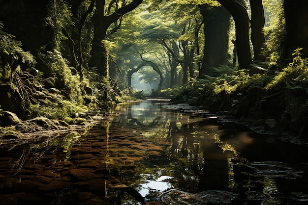 Ruhe Waldlandschaft Ruhe mit Sonnenlicht, das durchfiltert