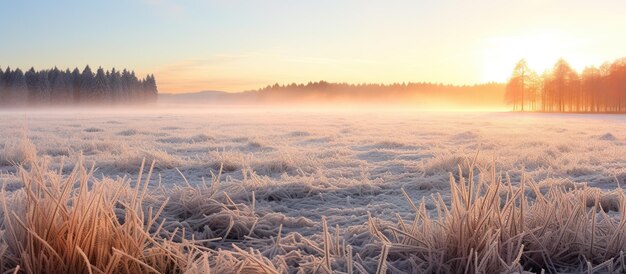 Ruhig und wunderbar friedlich Wintermorgen mit gefrorenem Gras Wiese und weiße Natur und farbenfrohen früh morgendlichen Sonnenaufgang Töne