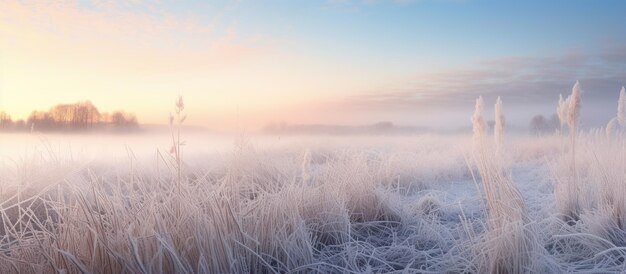 Ruhig und wunderbar friedlich Wintermorgen mit gefrorenem Gras Wiese und weiße Natur und farbenfrohen früh morgendlichen Sonnenaufgang Töne