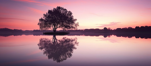 Foto ruhige abend-see-szene mit spiegel-wie-wasser-reflexionen und lila-rosa sonnenuntergang-himmel mit launischen grünen baum-silhouetten
