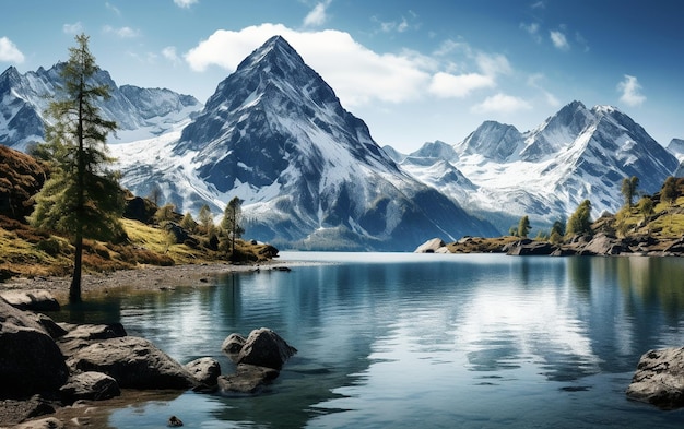 Ruhige Alpengewässer und verschneite Landschaft