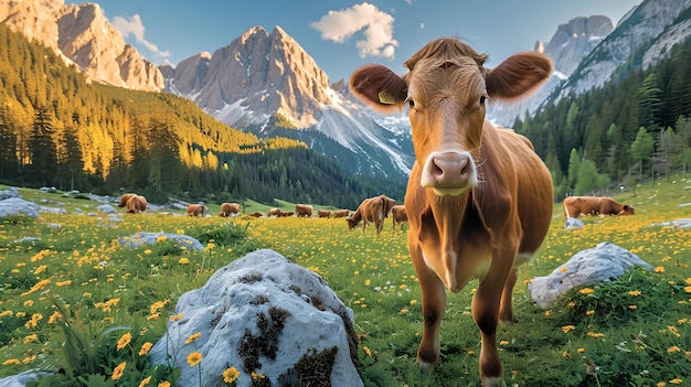 Ruhige alpine Landschaft mit weidenden Rindern, majestätischen Bergen im Hintergrund, sonniger Tag in der Natur AI