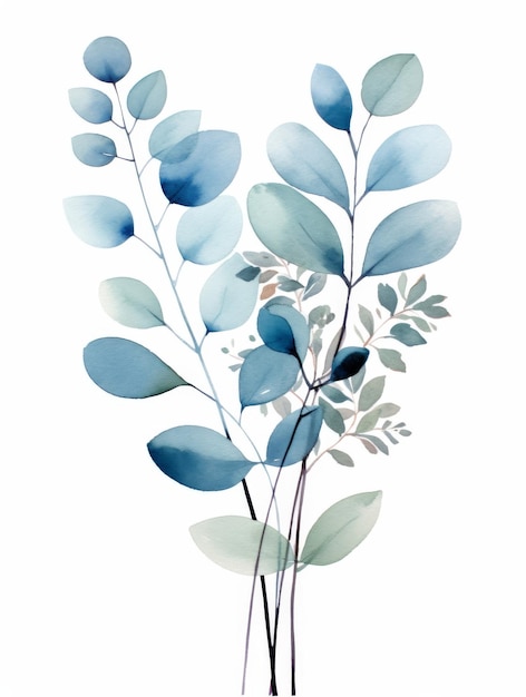 Ruhige Aquarell-Botanikillustration in kühlen blauen Tönen