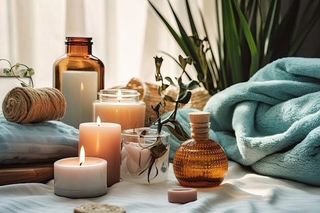 Ruhige Aromatherapie-kerzen und weiche Handtücher zur Entspannung