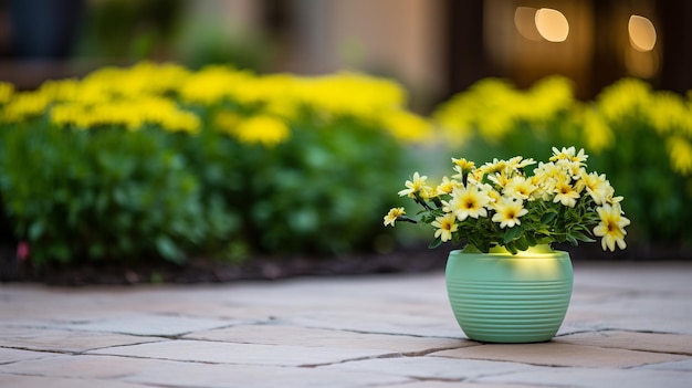 Ruhige Atmosphären Ein grüner Topf mit Blumen unter sanftem Licht