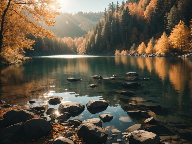 Foto ruhige bergreflexion über die herbstliche schönheit des teichs, erzeugt durch ki