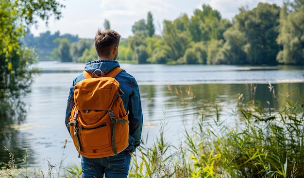 Ruhige Besinnung am See mit einem jungen Backpacker