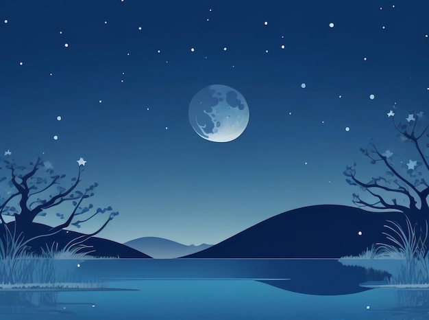 Foto ruhige blaue nacht über dem see mit grassilhouetten
