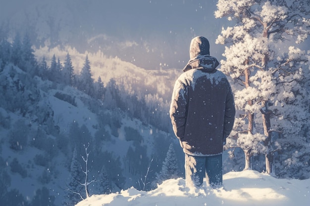 Ruhige Einsamkeit Mann im Winterwald gefesselt von der schneebedeckten Landschaft