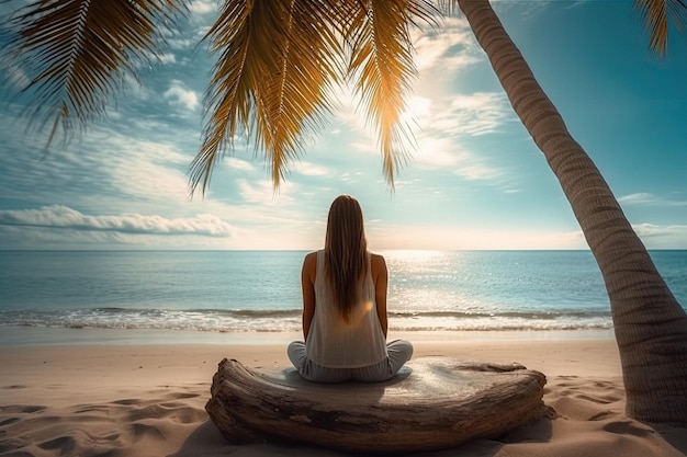 Ruhige Frau sitzt am Strand während eines Strandurlaubs auf einer exotischen Insel, erstellt mit generativer KI