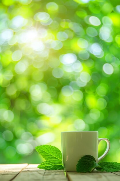 Foto ruhige grüne natur bokeh mit frischen blättern und weißer tasse