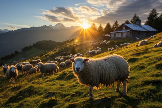 Ruhige Herde weißer Schafe auf der grünen Wiese, generative IA