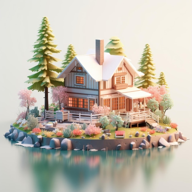 Ruhige Hütte am Seeufer, 3D-Illustration