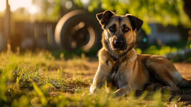 Ruhige Hundegelassenheit, fesselnde Vorderansicht eines friedlichen Hundes in einer malerischen Landschaft AR 16