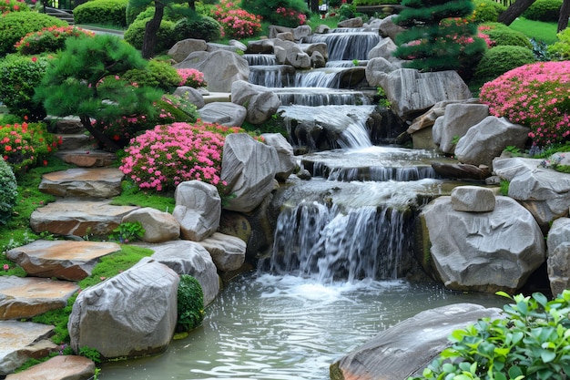 Ruhige japanische Gartenlandschaft mit kaskadierenden Wasserfällen und Blumen