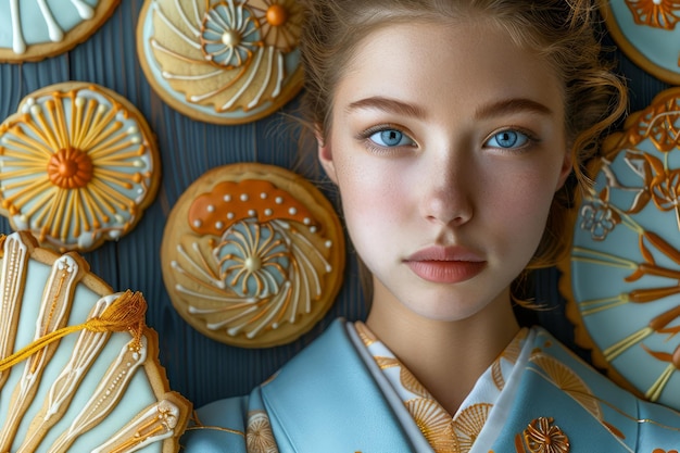 Foto ruhige junge frau mit dekorativen blumenkuchen in künstlerischer komposition