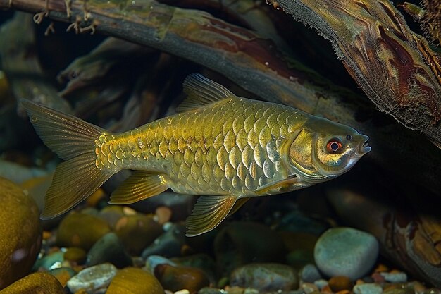 Ruhige Kakerlaken ruhen sich in einem flachen Flussbecken aus