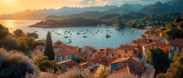 Ruhige Küstenstadt bei Sonnenuntergang mit malerischem Hafen und Bergen, ein perfektes Urlaubsziel AI