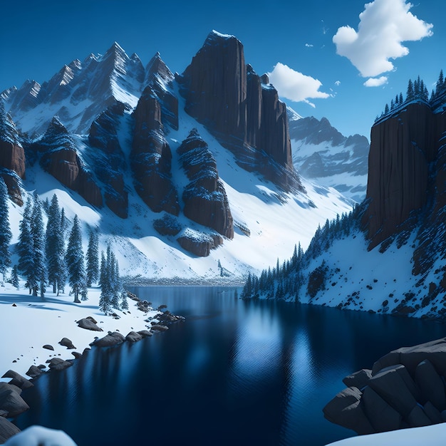 ruhige Landschaft mit einer Bergkette mit blauem Himmel und einem reflektierenden See