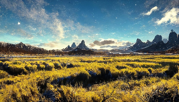 Ruhige Landschaft mit wunderschönen Herbstbergen, Himmelsmond, schneebedeckten Bergen und hohen Flecken