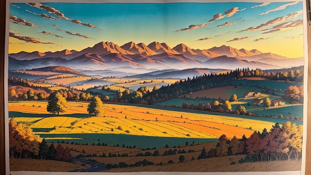 ruhige Landschaft, sanfte Hügel, eine einsame Eiche in der Mitte, warmes Sonnenuntergangslicht, entfernte Berge