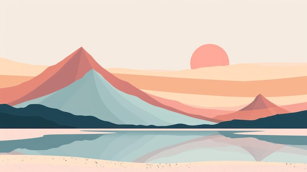 Ruhige Landschaft von Bergen und See bei Sonnenuntergang in Pastelltönen