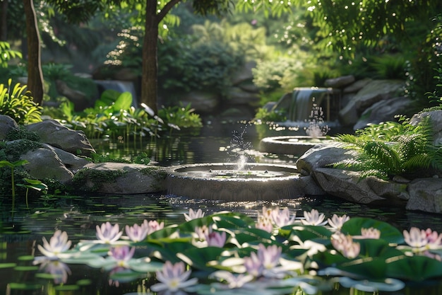Ruhige Meditationsgärten mit tropfenden Brunnen