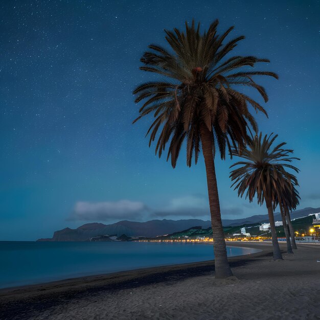 Ruhige Nachtlandschaft mit Palmen am Strand von Teneriffa Spanien Für soziale Medien Postgröße