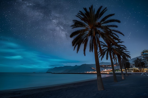 Ruhige Nachtlandschaft mit Palmen am Strand von Teneriffa, Spanien