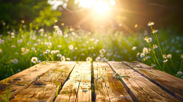 Ruhige Natur-Hintergrund mit warmem Sonnenlicht und Holzplatten Ideal für Frühlings- und Sommerthemen Freiluft-Relaxationsszene üppiges Grün mit Lensflare AI
