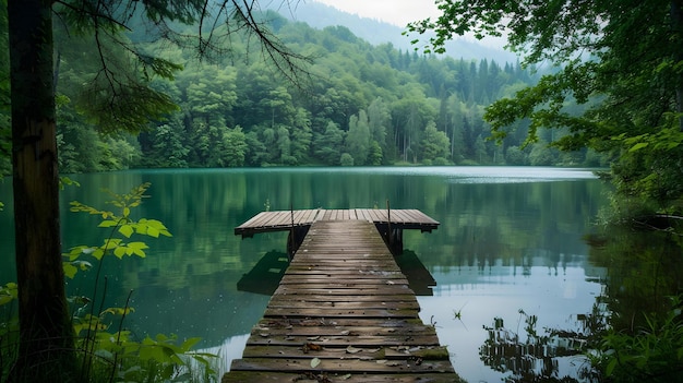 Ruhige See-Szene mit altem Holzdock, umgeben von ruhigem Wald, perfekt für Naturhintergründe und friedliche Umgebungen