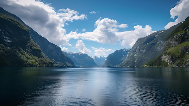 Ruhige See-Szene mit üppig grünen Bergen und klarem blauen Himmel perfekt für Natur-Hintergründe KI