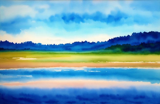 Ruhige Sommerlandschaft Ein Aquarellgemälde von Park Lake Field und River Generative AI