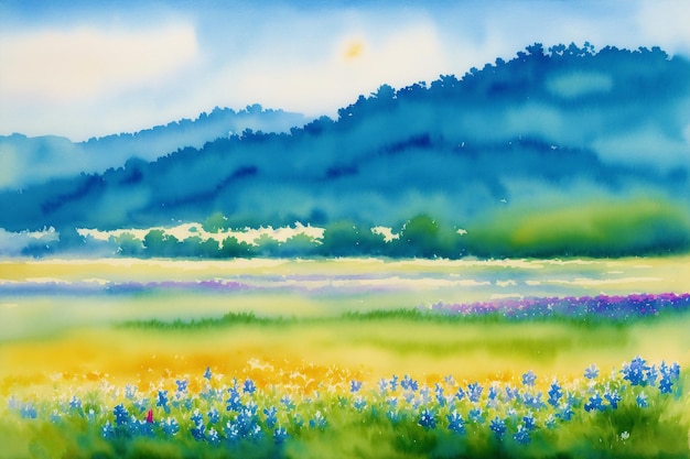 Ruhige Sommerlandschaft Ein Aquarellgemälde von Park Lake Field und River Generative AI