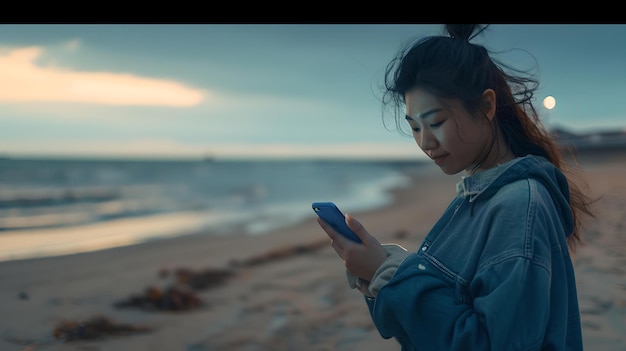 Ruhige Strandkulisse mit einer jungen Frau, die in ihr Handy vertieft ist. Dämmerungsfarben und ruhige Stimmung erfassen Lebensstil und Konnektivität.