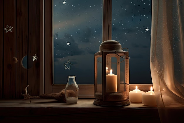Ruhige Szene bei Kerzenschein mit Blick auf die Sterne und den Mond darüber, erstellt mit generativer KI