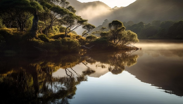 Ruhige Szene eines Berggipfels, der sich in einem von KI erzeugten Teich spiegelt