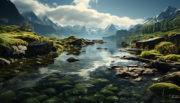 Ruhige Szene eines majestätischen Berggipfels, der sich in ruhigem Wasser spiegelt, erzeugt durch künstliche Intelligenz