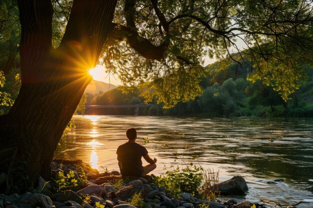 Ruhige Szene eines Menschen, der am Flussufer meditiert, während die Sonne zwischen den Bäumen untergeht