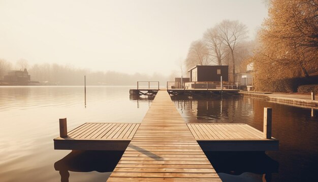 Ruhige Szene eines Sonnenuntergangs auf dem Wasser, in dem sich ein durch künstliche Intelligenz erzeugtes Wasserfahrzeug und ein Steg spiegeln