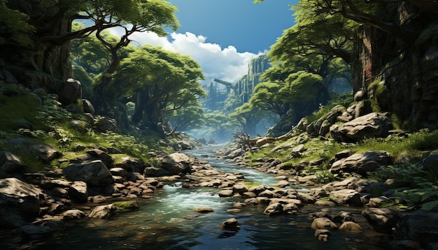Ruhige Szene eines tropischen Regenwaldes mit fließendem Wasser und grünen Pflanzen, die durch künstliche Intelligenz erzeugt wurden