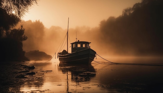 Ruhige Szene eines Wasserfahrzeugs am Gewässerrand bei Sonnenuntergang, erzeugt durch künstliche Intelligenz