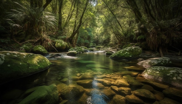 Ruhige Szene fließenden Wassers im tropischen Regenwald-Wildnisgebiet, erzeugt durch KI