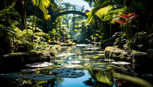 Foto ruhige szene grüne blätter spiegeln sich im teichwasser wider, das durch ki erzeugt wird