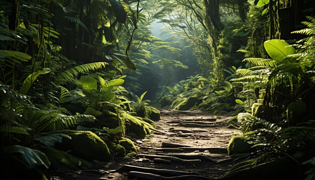 Foto ruhige szene grüne farne nasser fußweg mysteriöser tropischer regenwald erzeugt von ki