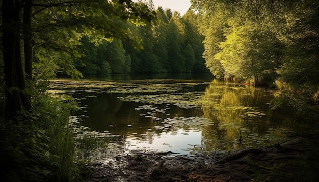 Ruhige Szene mit Herbstblättern, die sich über einen von KI erzeugten Teich spiegeln