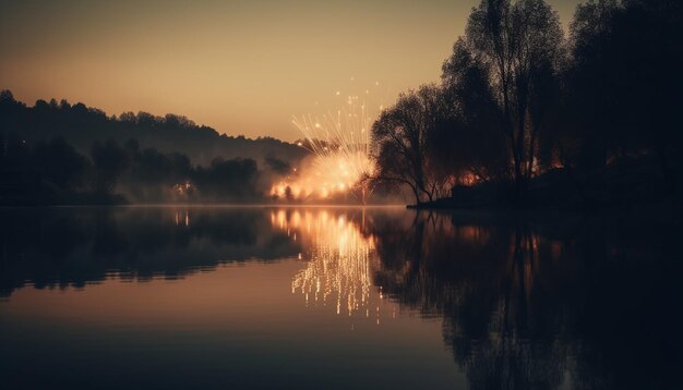 Ruhige Szene Naturschönheit beleuchtet in der Abenddämmerung generiert von KI